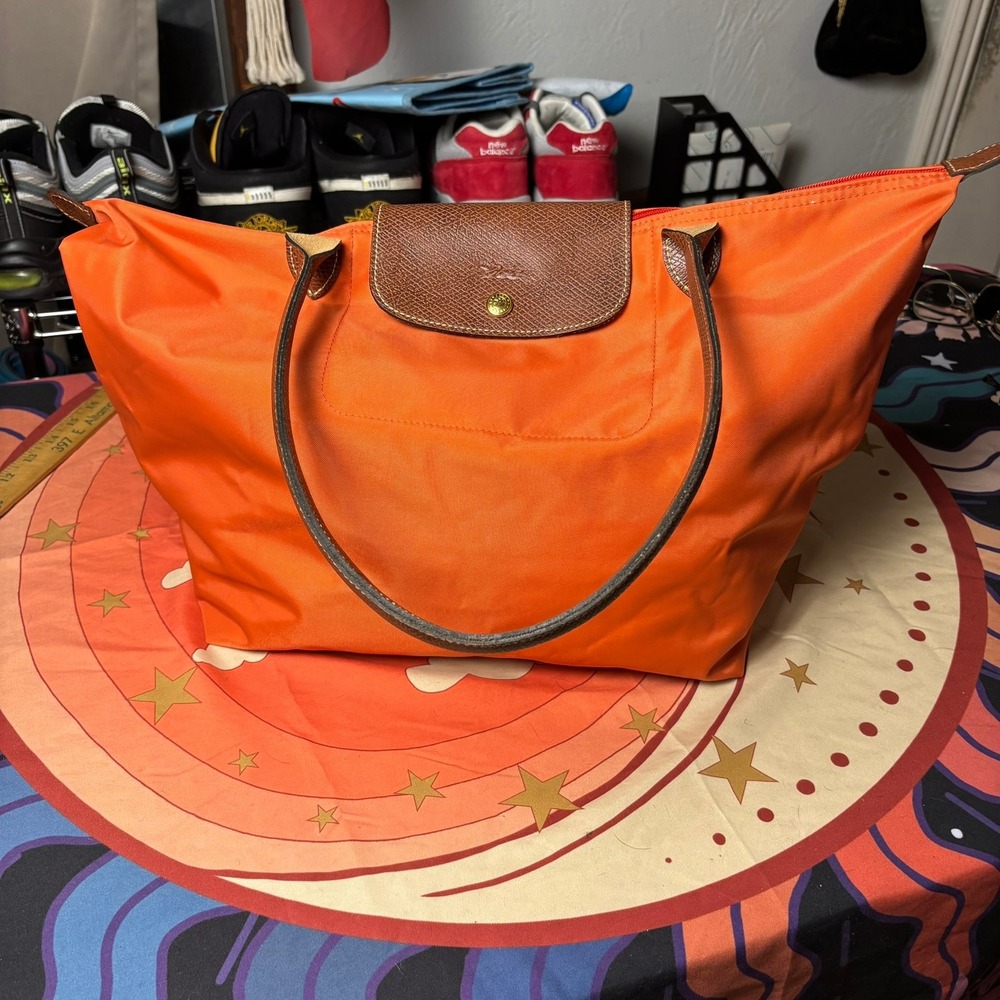 Longchamp Le Pliage Large Shoulder Tote Bag Orange Nylon Leather Trim Zip Purse